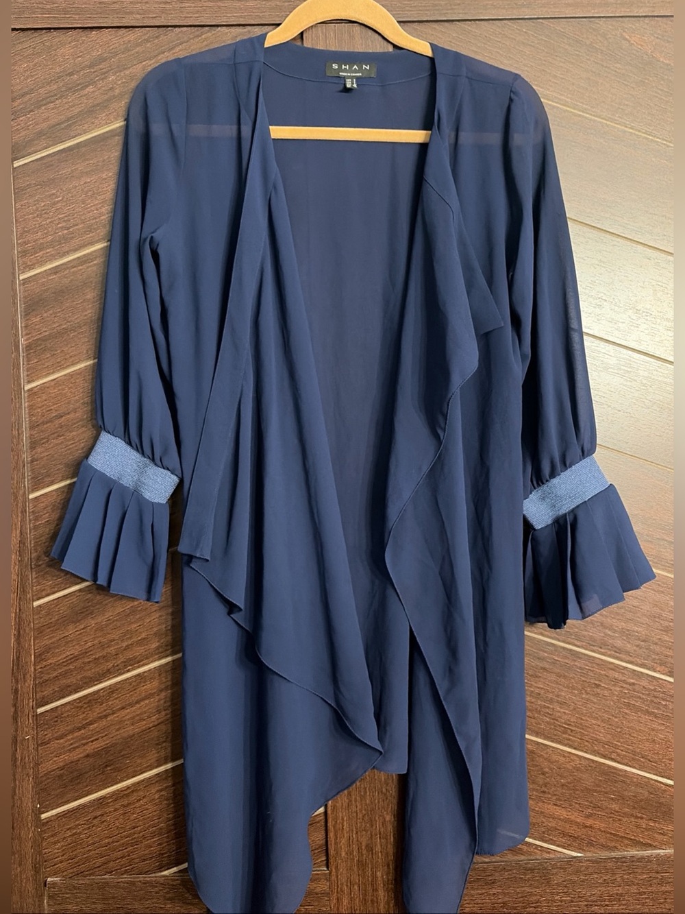 Shan sheer cover up in navy pleated sleeve detail tie waist open front size 6
